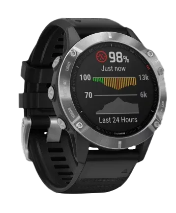 Garmin Fenix 6 smartwatch with silver bezel and black band, model 010-02158-00