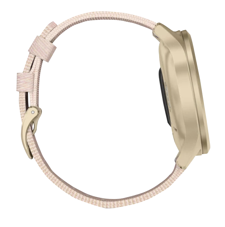 Garmin Vivomove Style smartwatch with light gold aluminum case and blush pink woven nylon band