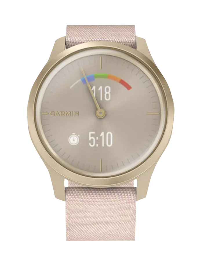 Garmin Vivomove Style watch with light gold aluminum case and blush pink woven nylon band