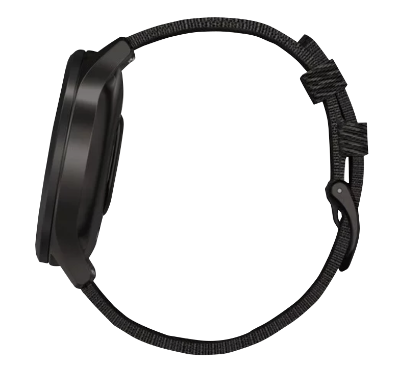 Garmin Vivomove Style watch with graphite aluminum case and black pepper woven nylon band, side profile view