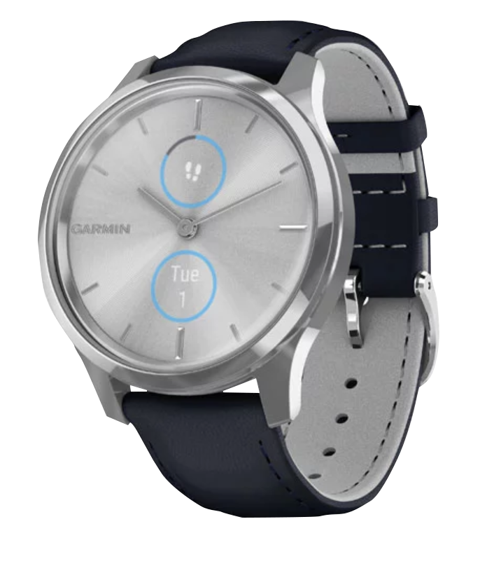 Garmin Vívomove Luxe Smartwatch with silver stainless steel case and navy leather band (010-02241-00)