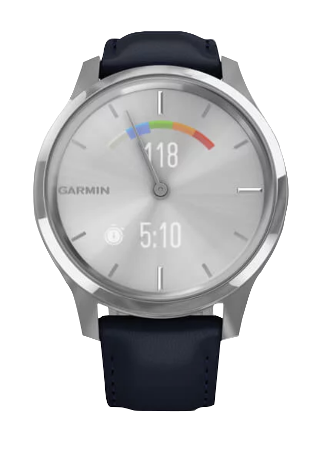 Garmin Vivomove Luxe watch with silver stainless steel case and navy Italian leather band