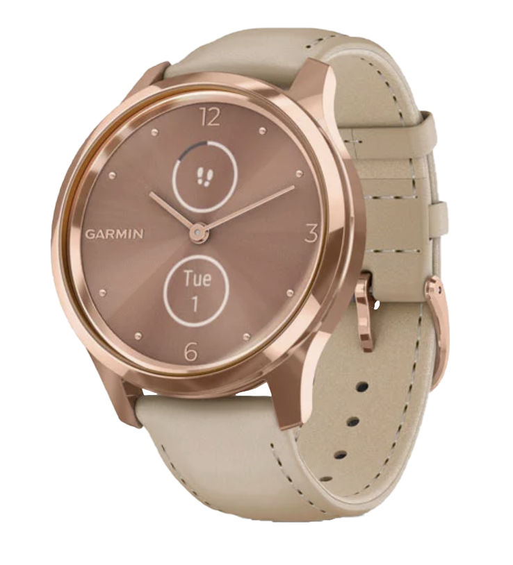 Garmin Vivomove Luxe smartwatch with 18K rose gold PVD stainless steel case and light sand Italian leather band