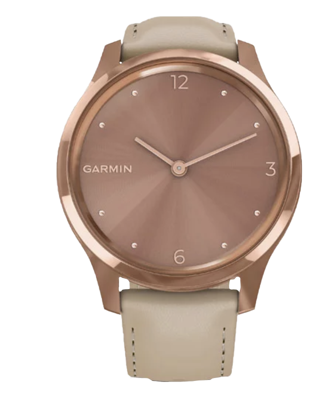 Garmin Vívomove Luxe smartwatch with rose gold PVD stainless steel case and light sand Italian leather band