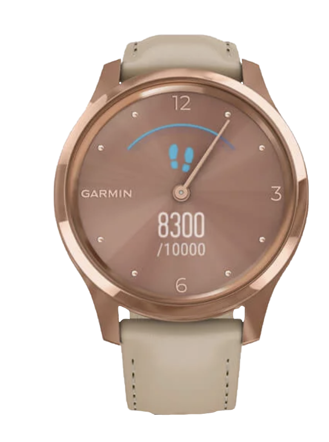 Garmin Vívomove Luxe smartwatch with 18K rose gold PVD stainless steel case and light sand Italian leather band.