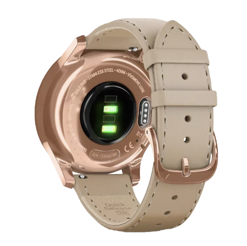Garmin Vivomove Luxe smartwatch with 18K rose gold PVD stainless steel case and light sand Italian leather band