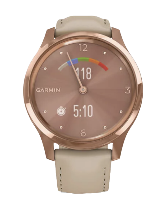 Garmin Vivomove Luxe smartwatch with 18K rose gold PVD stainless steel case and light sand Italian leather band