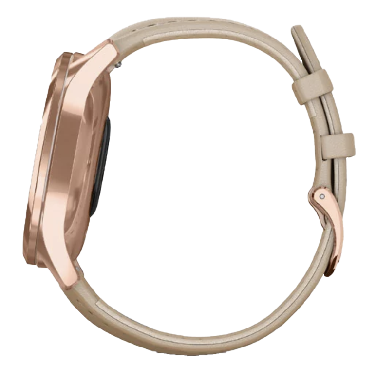 Garmin Vivomove Luxe smartwatch with 18K Rose Gold PVD stainless steel case and light sand Italian leather strap