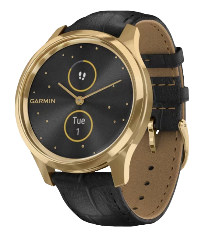 Garmin Vivomove Luxe smart watch with 24K gold PVD stainless steel case and black embossed Italian leather band