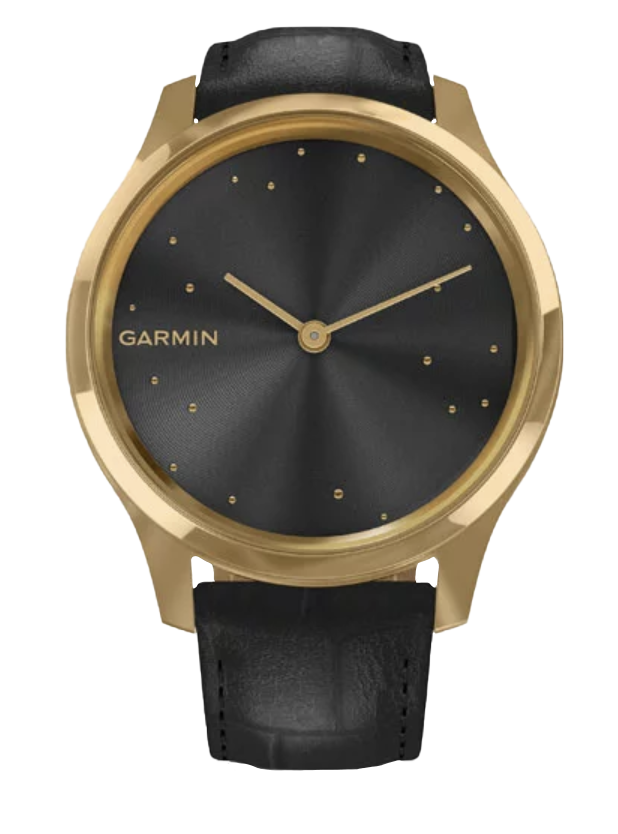 Garmin Vívomove Luxe gold PVD stainless steel case watch with black embossed Italian leather band