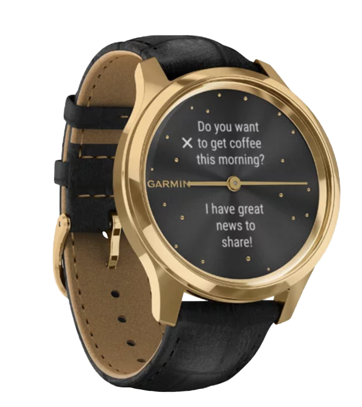 Garmin Vívomove Luxe smartwatch with 24K gold PVD stainless steel case and black embossed Italian leather band