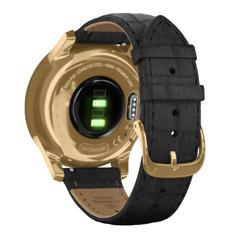 Garmin Vivomove Luxe smartwatch with 24K Gold PVD stainless steel case and black embossed Italian leather band.