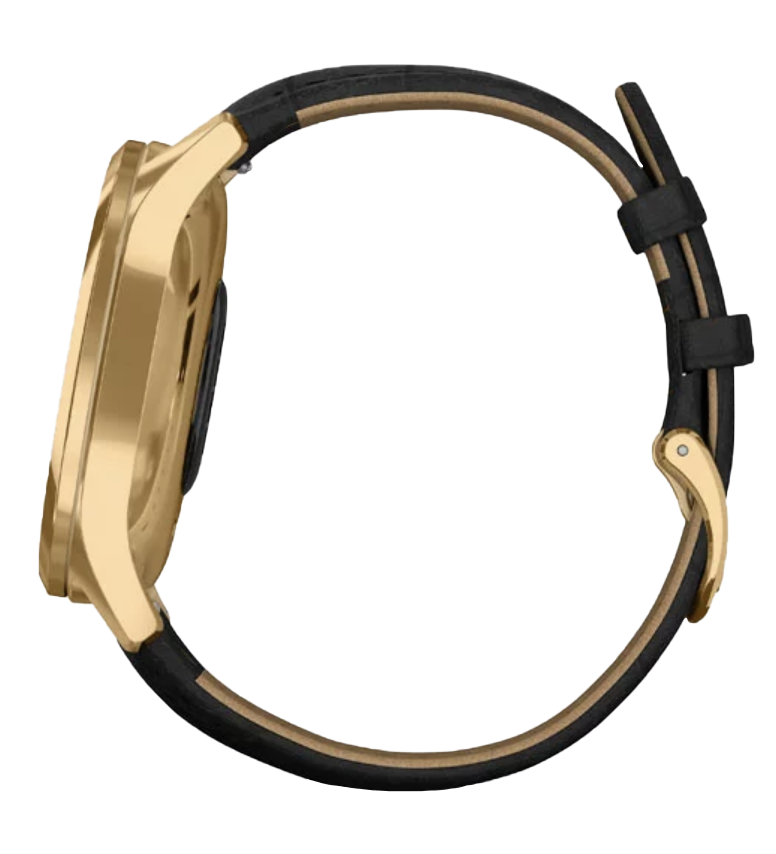 Garmin Vívomove Luxe smartwatch with 24K gold PVD stainless steel case and black embossed Italian leather band.