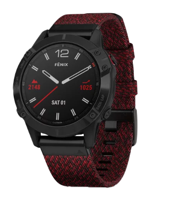 Garmin Fenix 6 Sapphire Black DLC smartwatch with heathered red nylon band (010-02158-16)