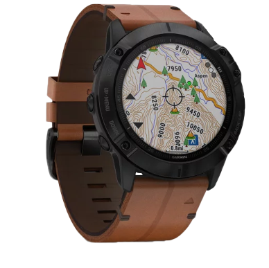 Garmin Fenix 6X Sapphire smartwatch with black bezel and chestnut leather band