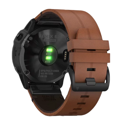 Garmin Fenix 6X Sapphire smartwatch back view with chestnut leather band and black case