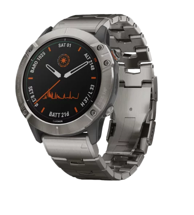 Garmin Fenix 6X Pro Solar Titanium smartwatch with vented titanium bracelet, Garmin certified refurbished