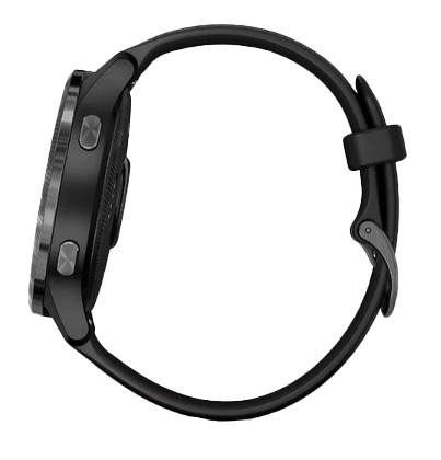 Garmin Venu smartwatch in black with slate hardware, side view