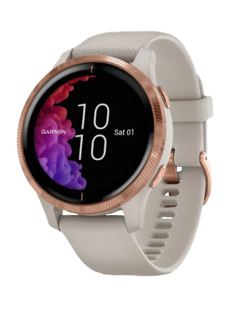 Garmin Venu smartwatch with light sand band and rose gold hardware
