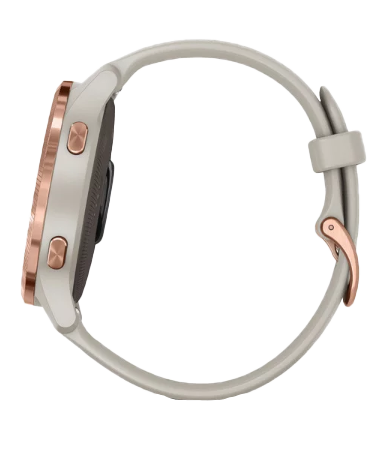 Garmin Venu smartwatch in Light Sand with Rose Gold hardware.