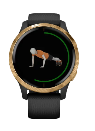Garmin Venu smartwatch with black strap and gold bezel, model 010-02173-31