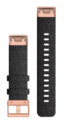 Garmin QuickFit 20 watch band, heathered black nylon with rose-gold hardware, two-piece set