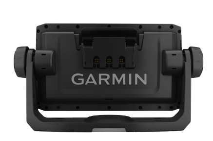 Garmin ECHOMAP 64cv UHD marine chartplotter back view with black housing, Garmin logo, and mounting bracket