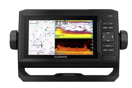 Black Garmin ECHOMAP 64cv UHD marine chartplotter with U.S. BlueChart g3 and GT24UHD-TM transducer
