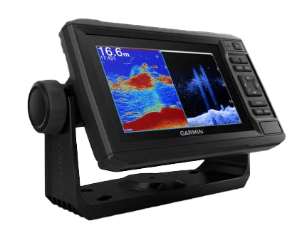 ECHOMAP 65cv UHD Garmin marine chartplotter with LakeVu g3 maps and GT24UDH‑TM transducer on mount