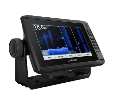 Garmin ECHOMAP UHD 72sv marine chartplotter mounted on bracket, black device with blue sonar display
