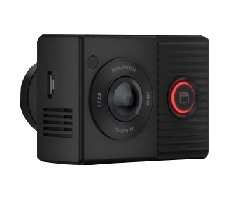 Garmin Dash Cam Tandem, black vehicle GPS dash camera with red-ring record button