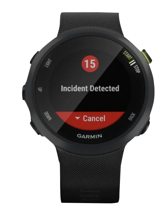Garmin Forerunner 45S smartwatch, black, screen shows Incident Detected