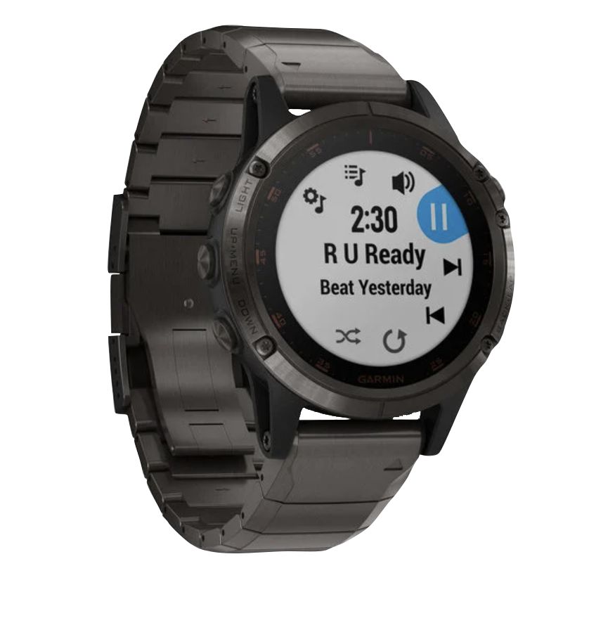 Garmin Fenix 5 Plus Sapphire smartwatch with carbon gray DLC titanium bezel and metal band