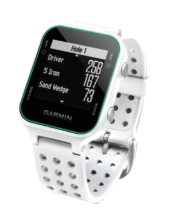 Garmin Approach S20 white golf GPS smartwatch with rangefinder and perforated strap; certified refurbished