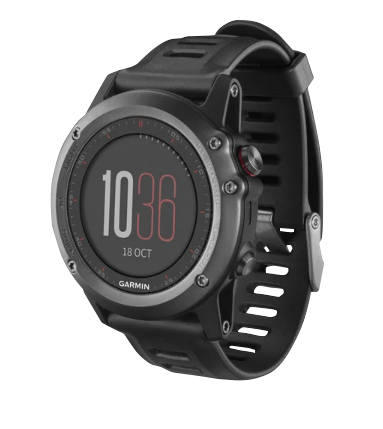 Garmin Fenix 3 GPS smartwatch with gray bezel and black band, refurbished