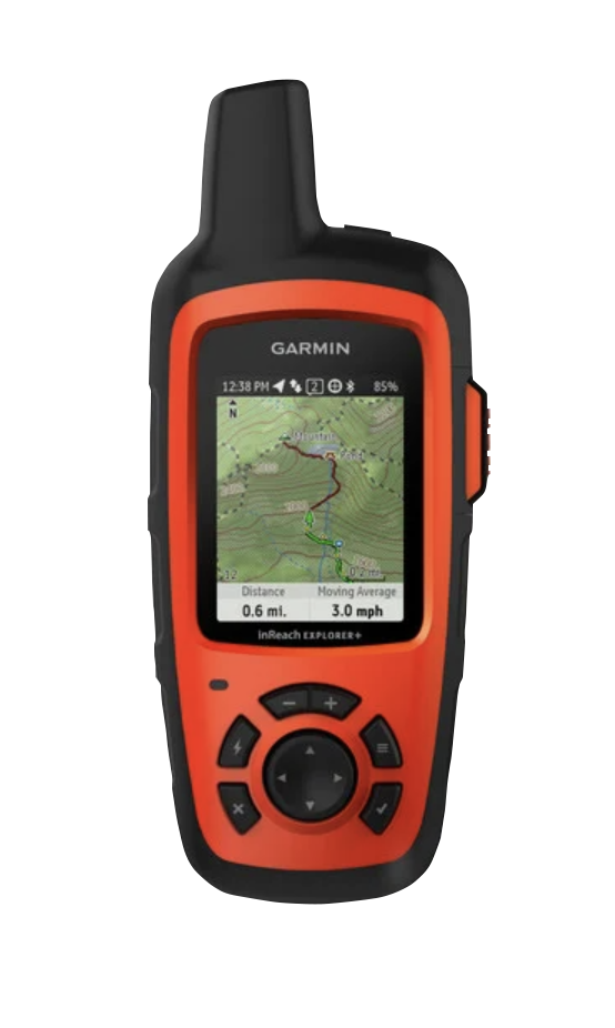 Garmin inReach Explorer+ handheld GPS satellite communicator, rugged orange & black with map display
