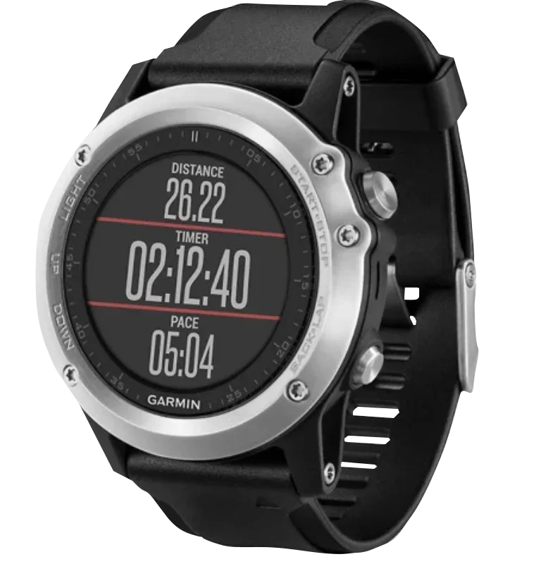 Garmin Fenix 3 HR GPS smartwatch with silver bezel and black band, certified refurbished