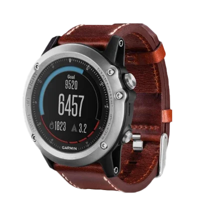 Garmin Fenix 3 Sapphire GPS smartwatch with silver case and brown leather band