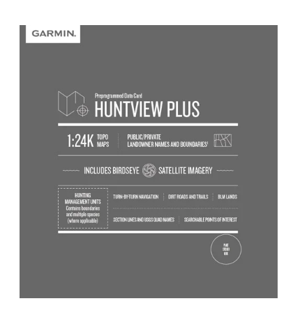 Garmin HuntView Plus Maps NH microSD card packaging, grey box with Garmin logo