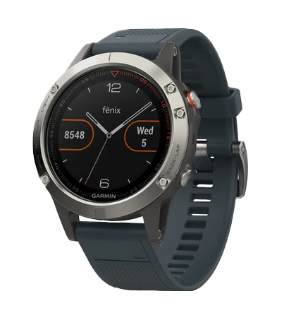 Garmin Fenix 5 GPS smartwatch, silver case with granite blue band, Garmin Certified Refurbished