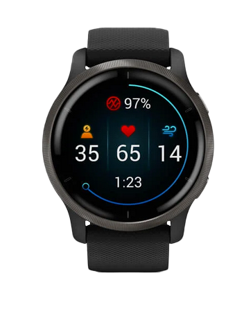 Garmin Venu 2 smartwatch, slate stainless steel bezel, black case with silicone band