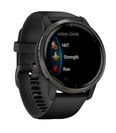 Garmin Venu 2 smartwatch with slate stainless steel bezel and black silicone band