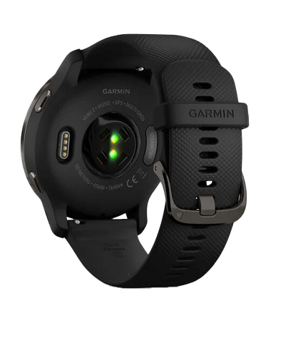 Garmin Venu 2 GPS smartwatch, slate bezel with black silicone strap, rear heart-rate sensor visible
