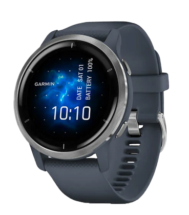 Garmin Venu 2 smartwatch with silver stainless steel bezel and granite blue silicone band (010-02430-00)