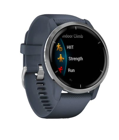 Garmin Venu 2 smartwatch with silver stainless-steel bezel and granite blue silicone band