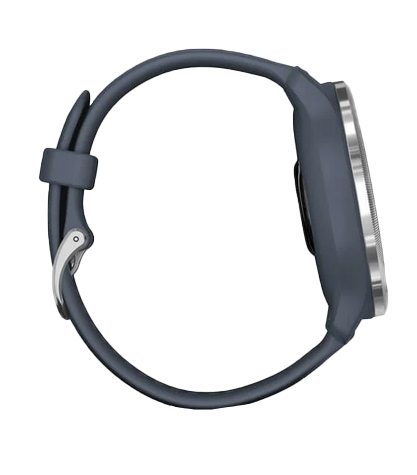 Garmin Venu 2 smartwatch with silver bezel and granite blue silicone band