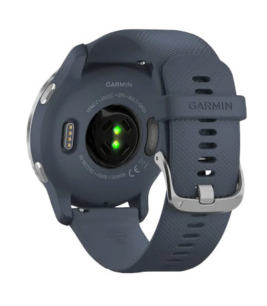 Garmin Venu 2 smartwatch with granite blue silicone band and silver stainless-steel bezel