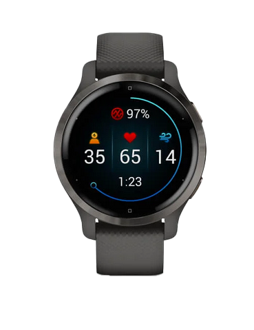 Garmin Venu 2S smartwatch with slate stainless-steel bezel and graphite silicone band