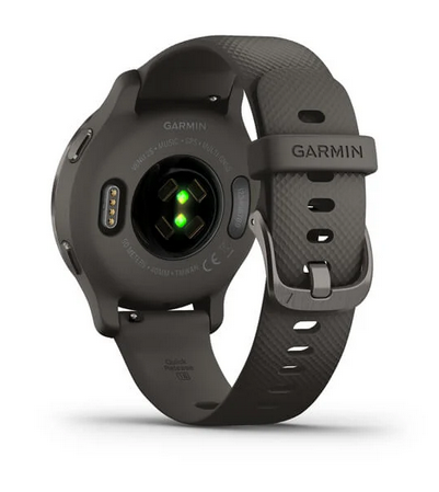 Garmin Venu 2S smartwatch with slate stainless-steel bezel, graphite case, and silicone band