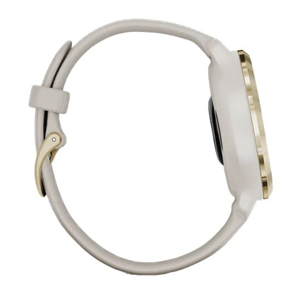 Garmin Venu 2S smartwatch with light gold stainless steel bezel and light sand silicone band